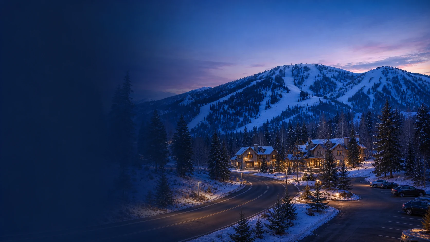 A managed parking arrival near Park City beneath the Wasatch Back at blue hour
