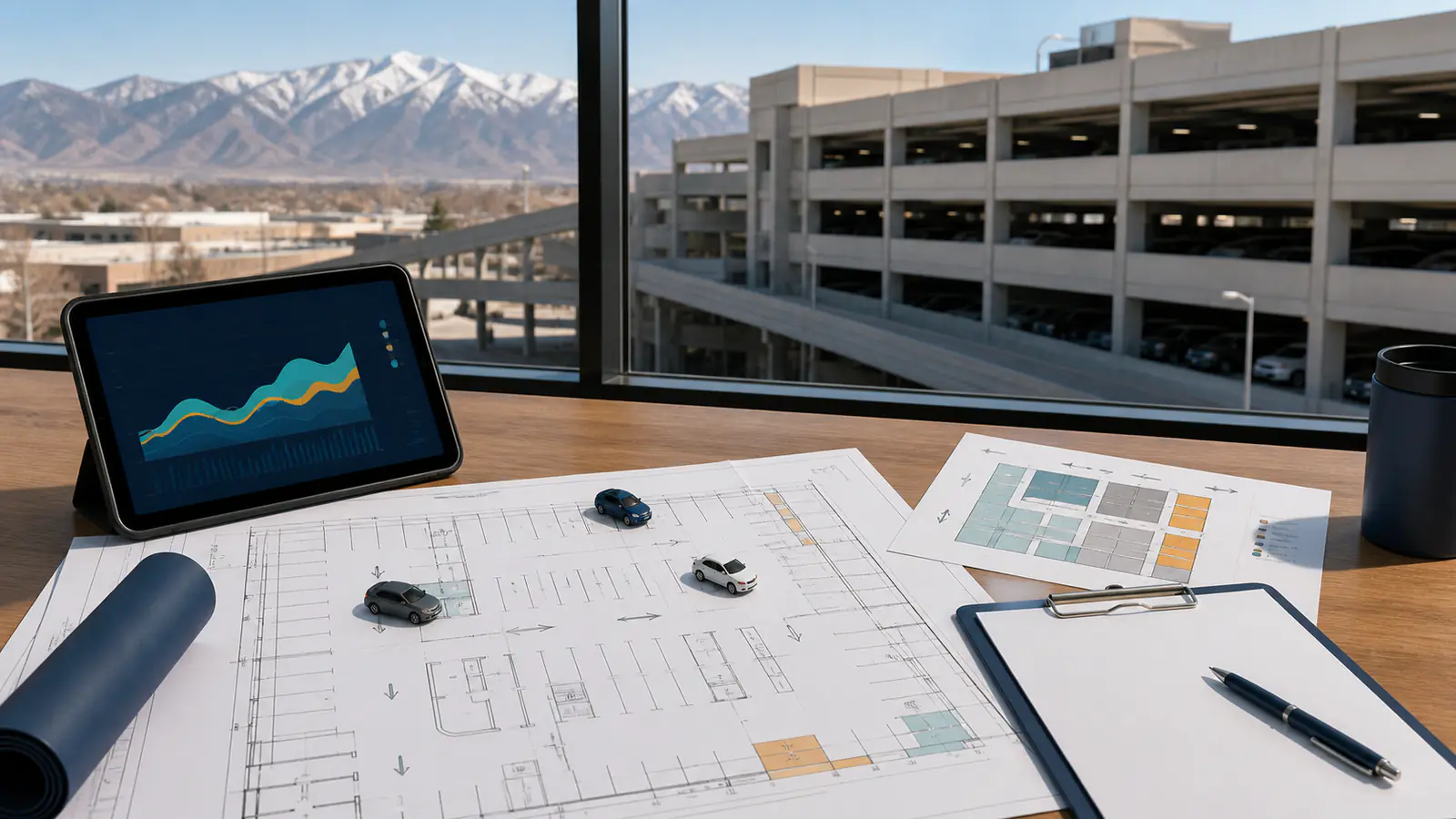 A parking garage plan, model vehicles, and an occupancy chart overlooking a Utah parking structure and the Wasatch Mountains.