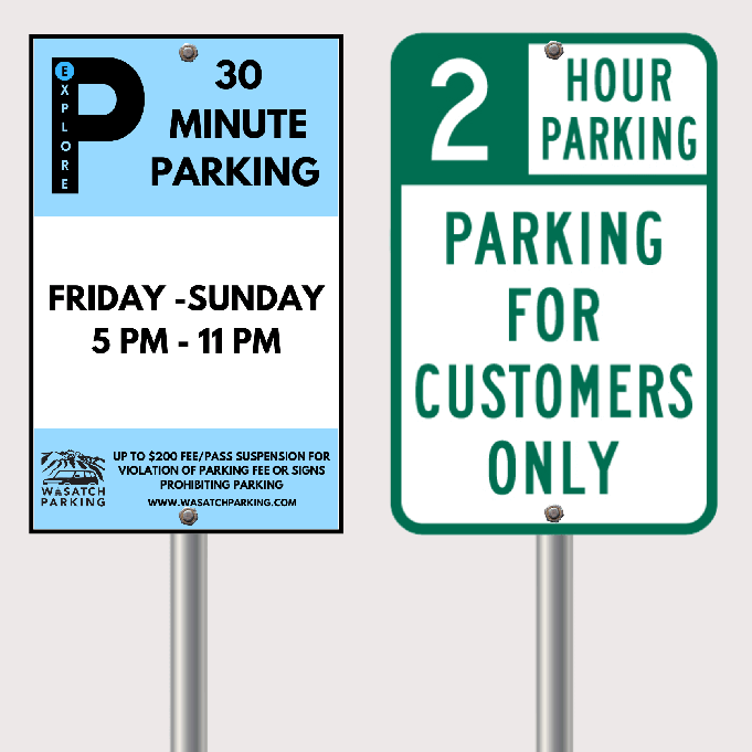 Two parking signs showing 30-minute and two-hour time limits.