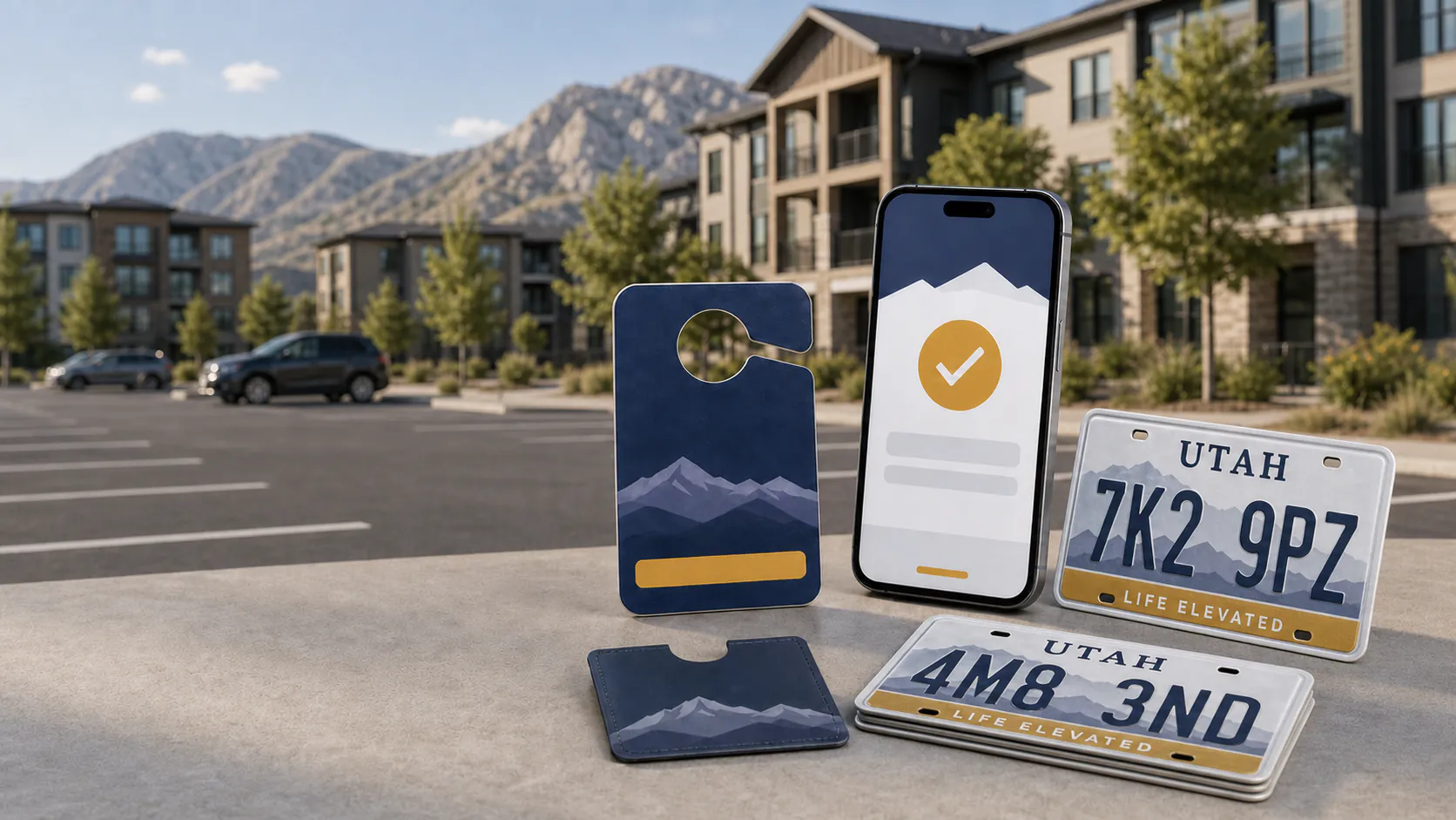 License plates representing digital and physical parking permits at a Utah residential community.