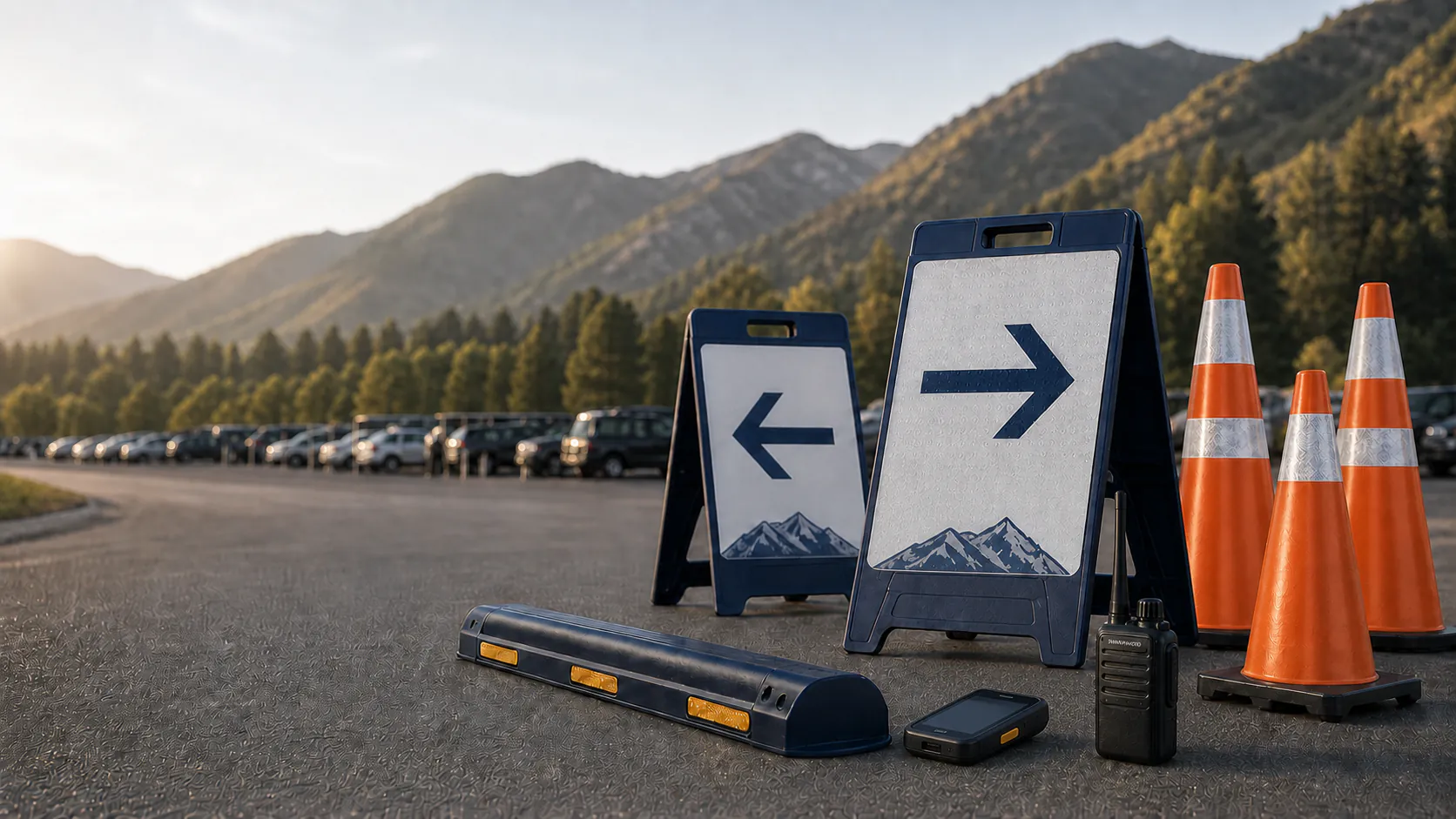 Printed event parking direction signs, orange reflective traffic cones, a scanner, radio, and lane marker at a Wasatch Back venue.