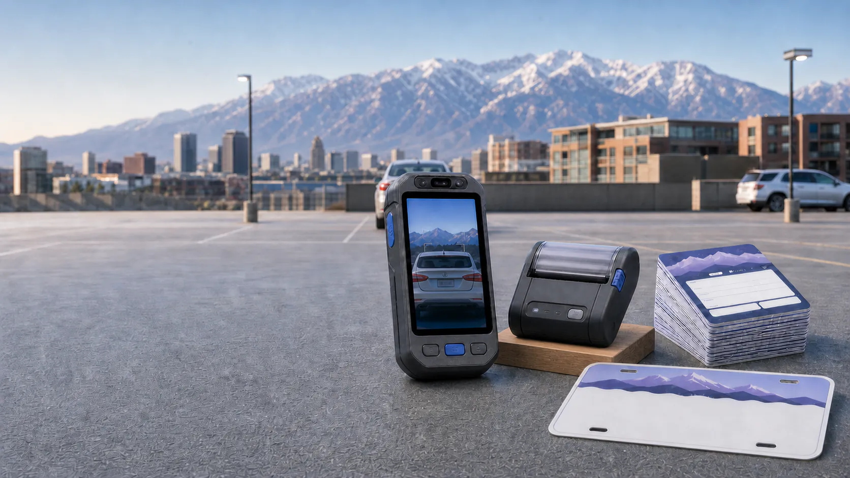 Parking enforcement scanner, mobile printer, notices, and field equipment arranged in a Salt Lake City parking lot.
